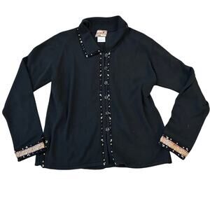 Y2K April Cornell Cardigan Sweater Womens Medium Black Beaded Floral Buttons